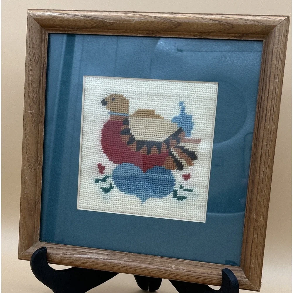 Vintage Cross Stitch Love Dove Bird 80s Teal Heart Framed Wood Wall Art 9